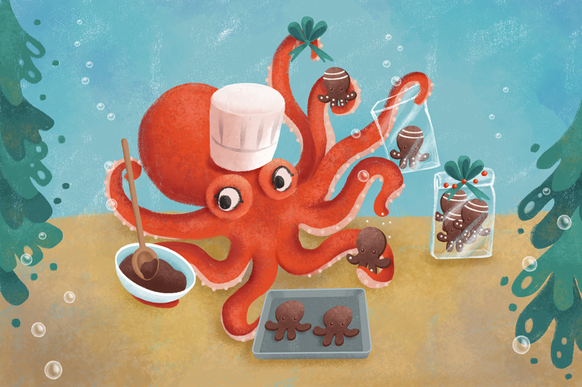 Illustration of a cute octopus making cookies 