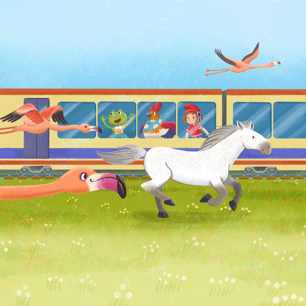A frog, a rooster on a train look at flamingoes flying and horses running