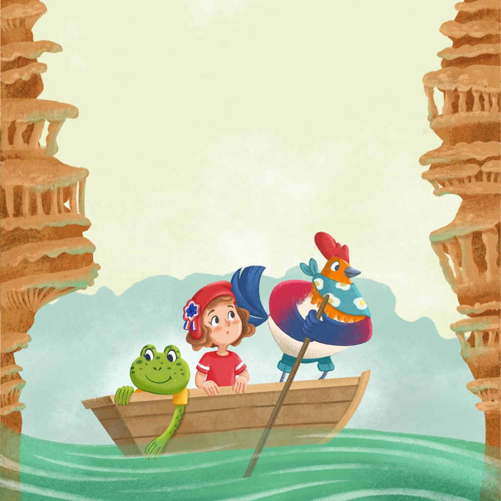 A rooster, a frog and a little girl on a boat in the cave of Padirac